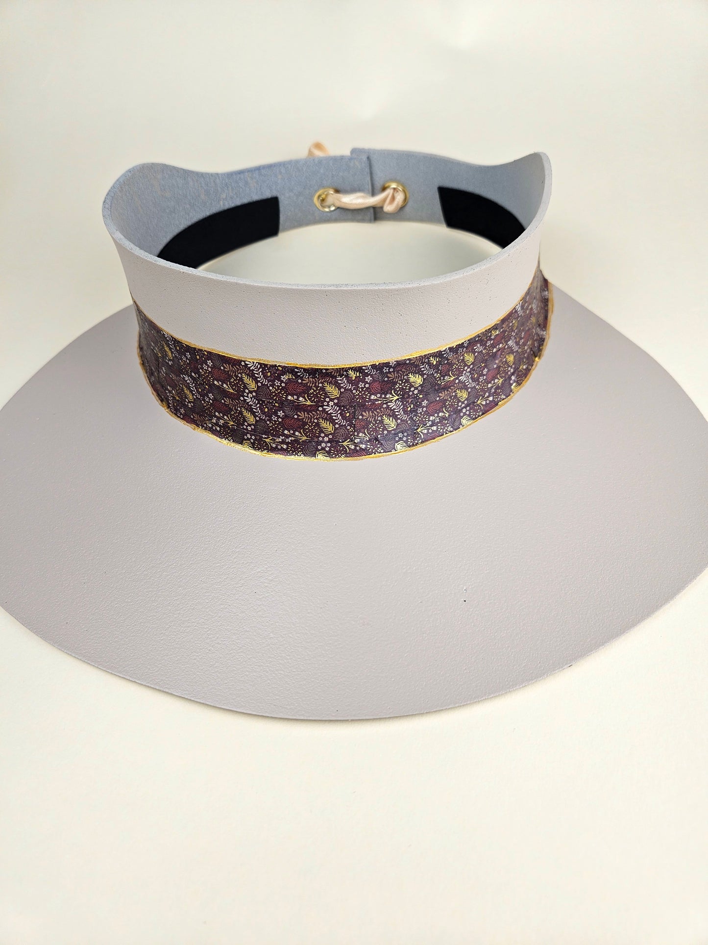 Peach Gray "LadyEVA" Visor Hat with Dark Purple, Red and Gold Band