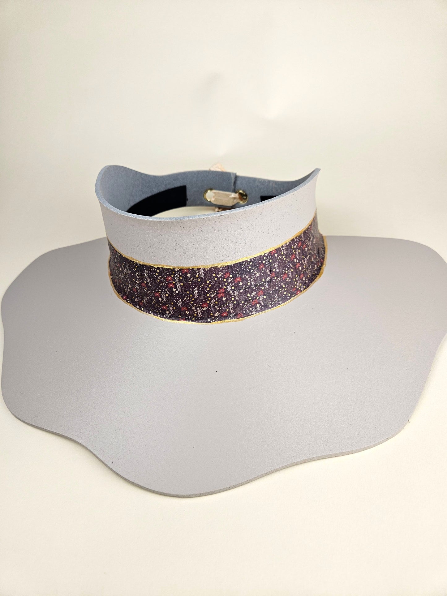 Tall Peach Gray Lotus Visor Hat with Dark Red and Purple Floral Band