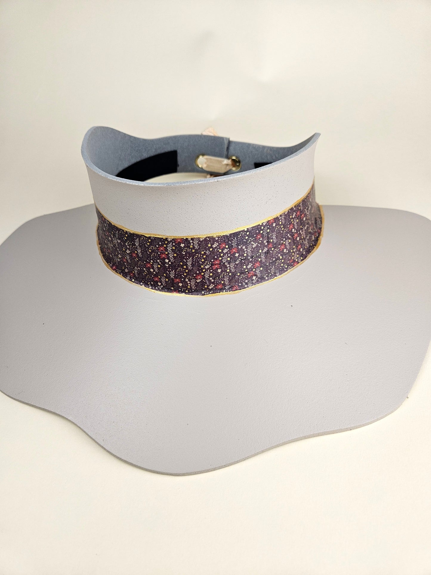 Tall Peach Gray Lotus Visor Hat with Dark Red and Purple Floral Band