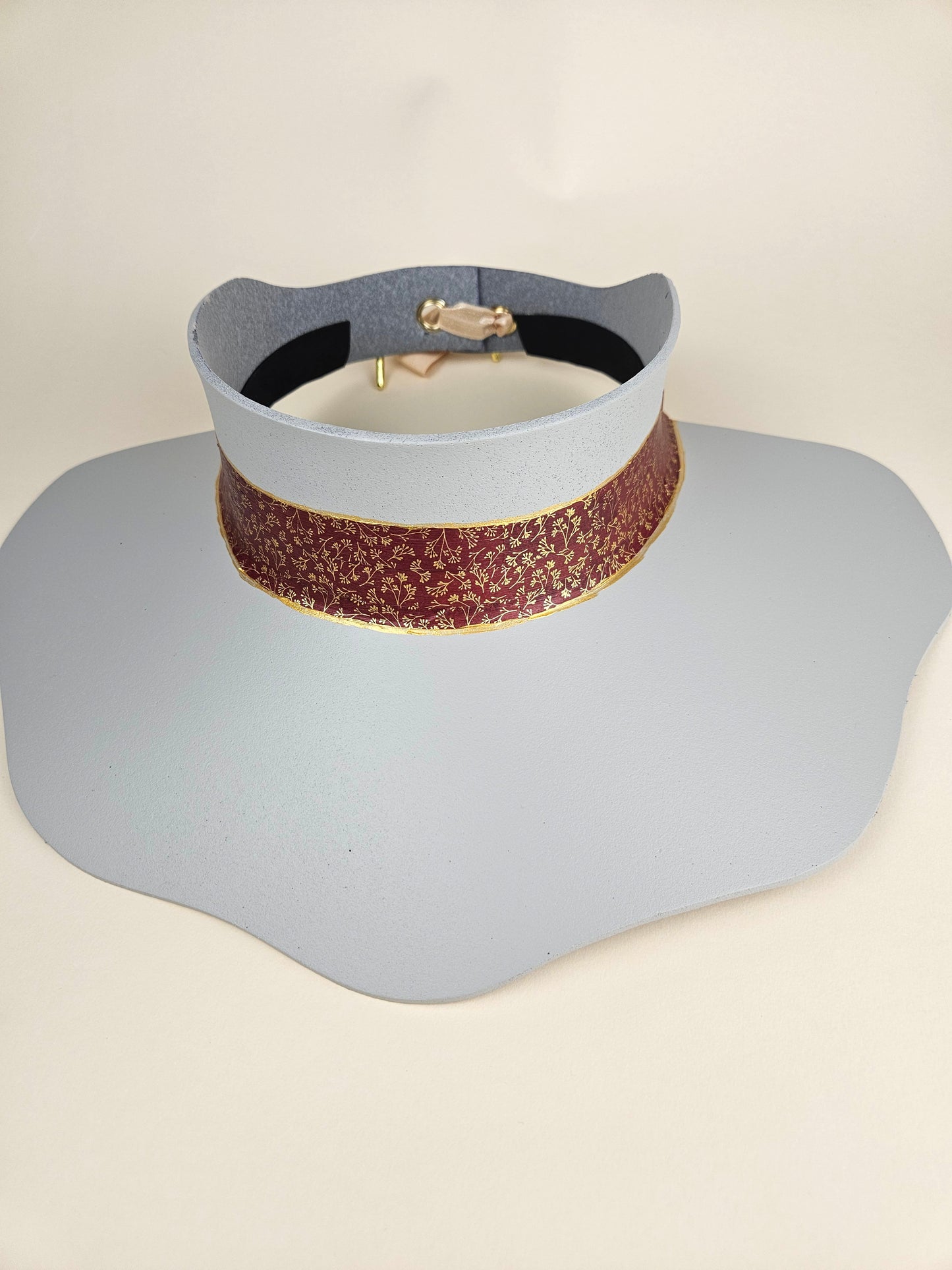 Gray Lotus Visor Hat with Burgundy and Gold Floral Band