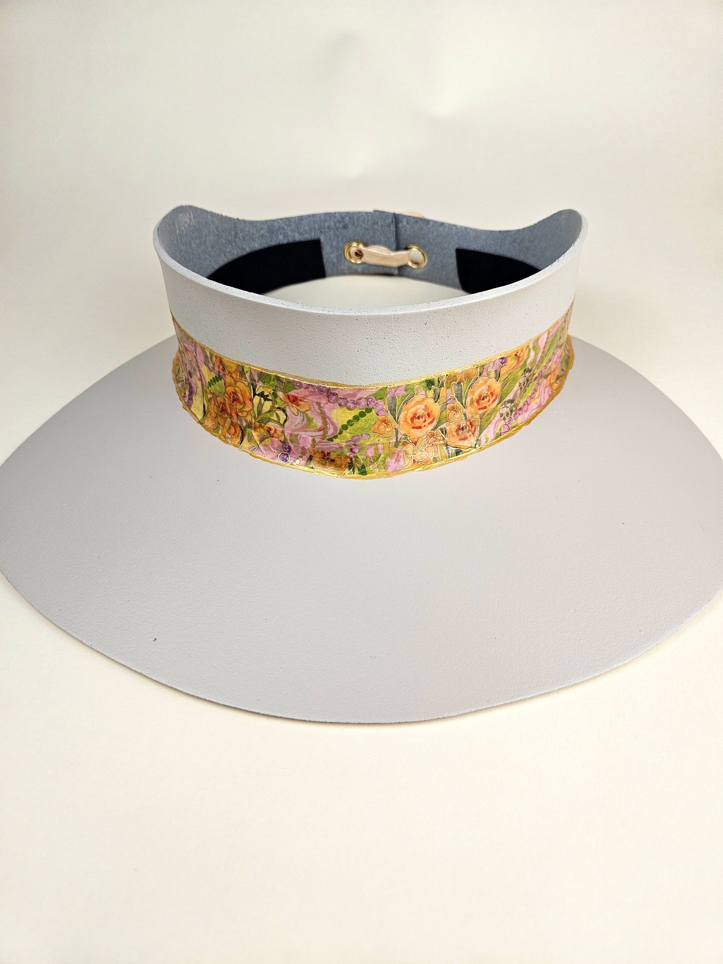 Gray Beige "LadyEVA" Visor Hat with Orange and Gold Floral Band