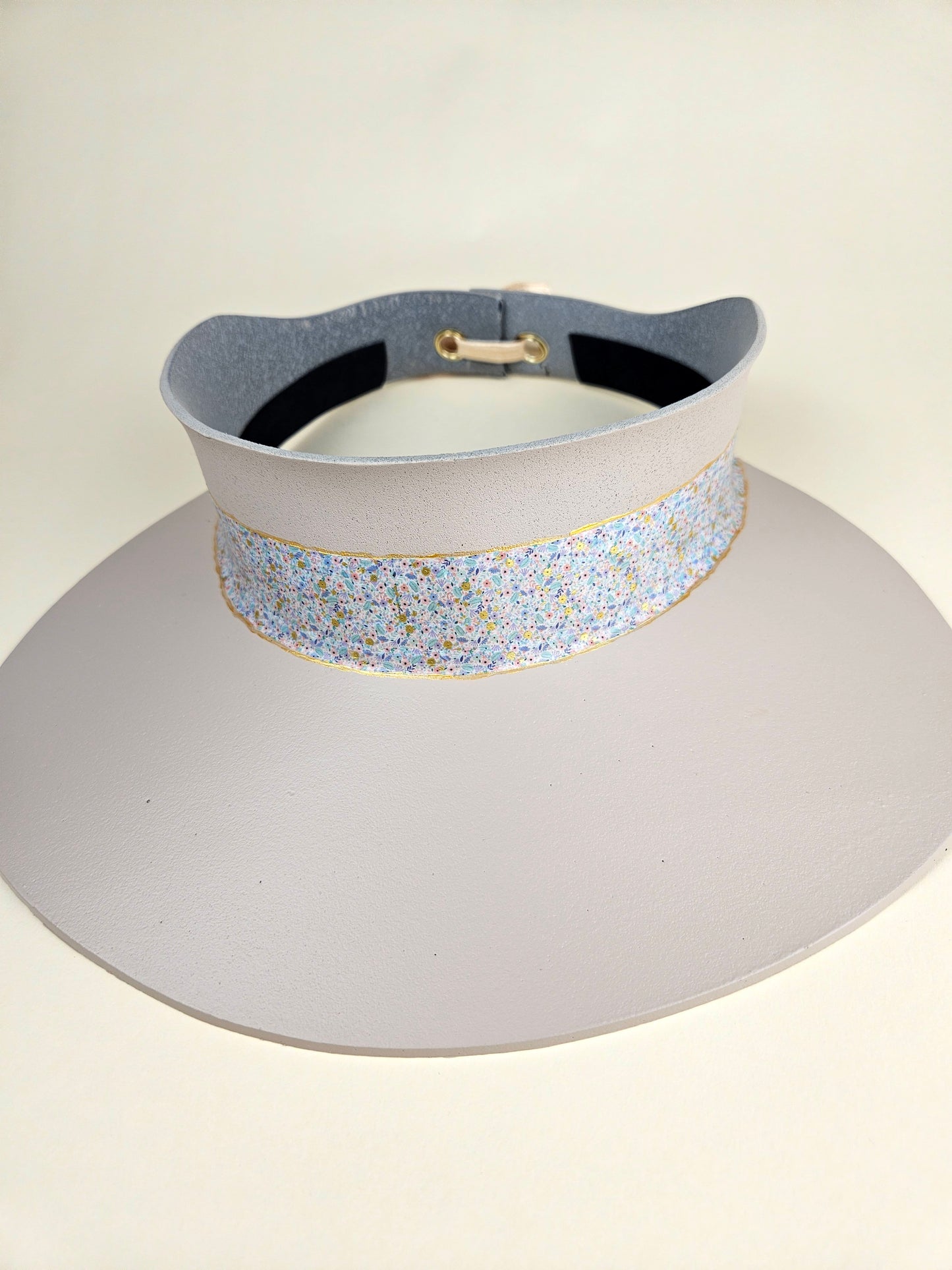 Peach Gray "LadyEVA" Visor Hat with Golden Pastel Multicolor Floral Band