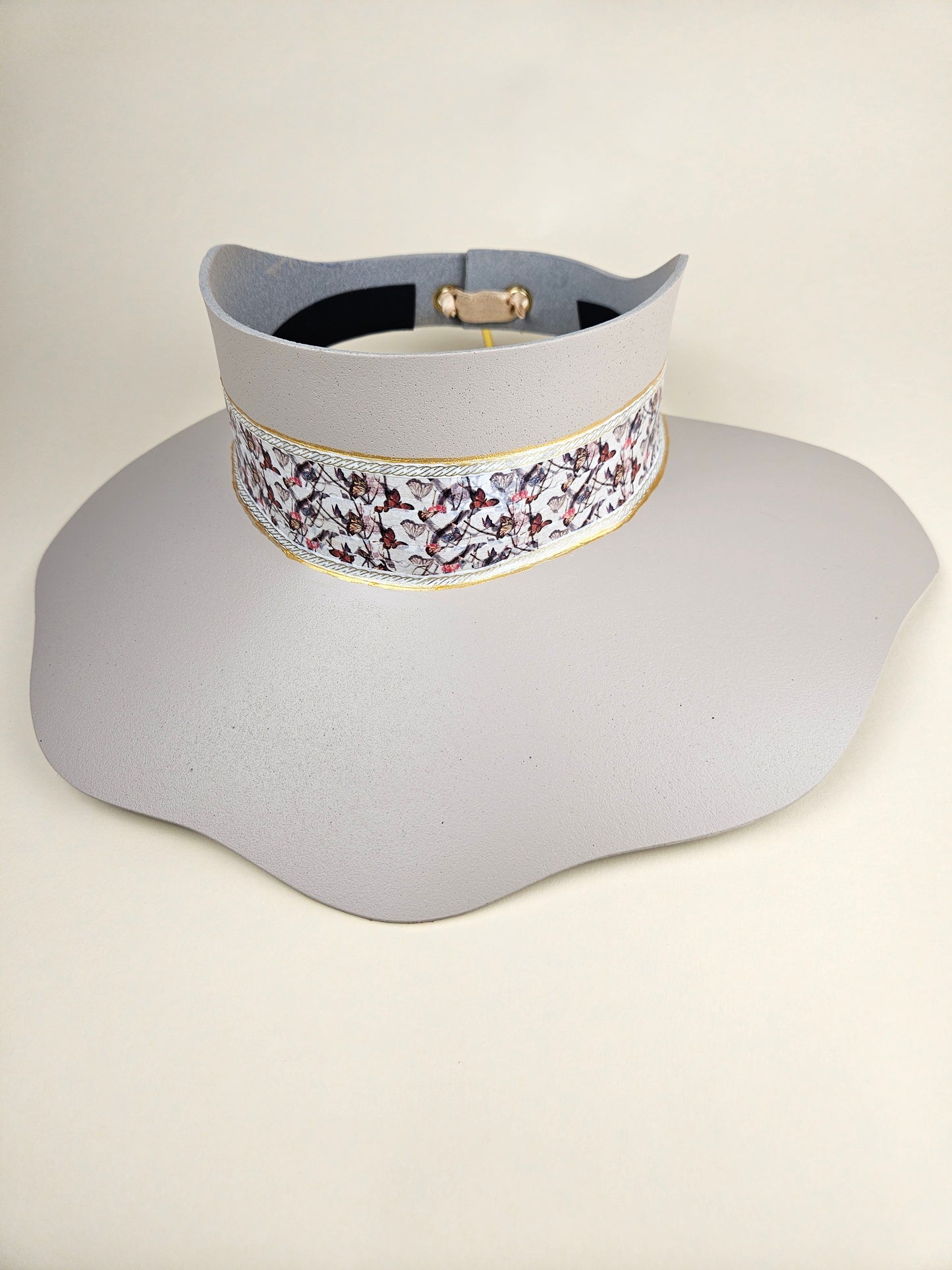 Tall Gray Beige Lotus Visor Hat with Multicolor Butterfly Band