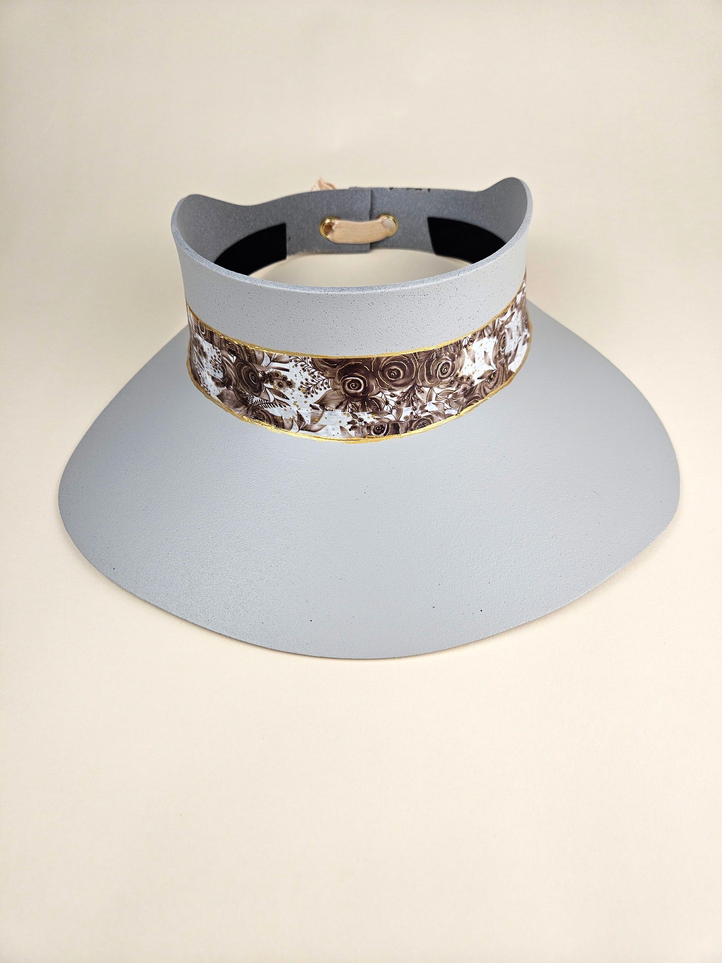 Tall Gray "LadyEVA" Visor Hat with Dark Brown Floral Band