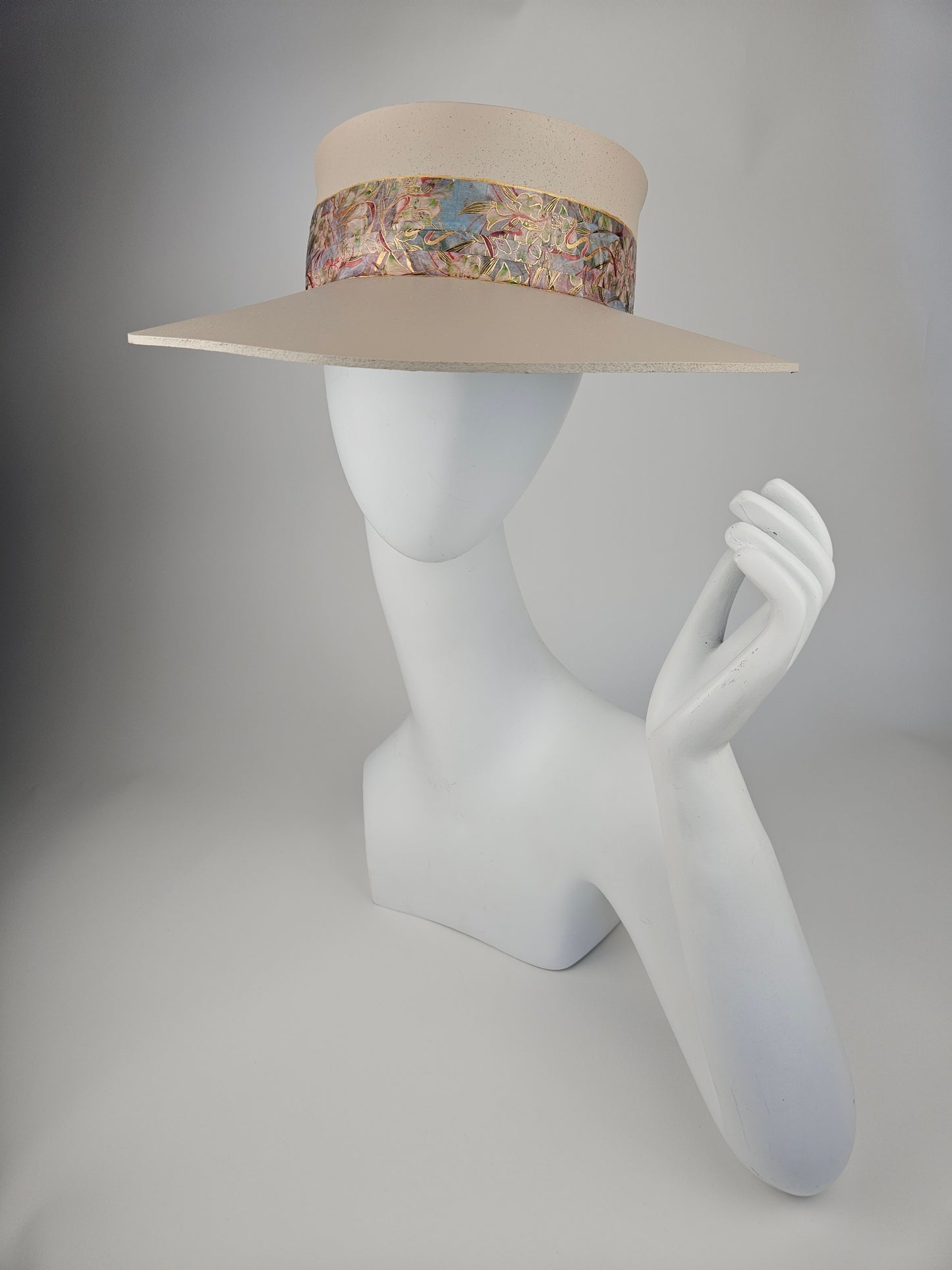 Tall Peachy Beige "LadyEVA" Visor Hat with Multicolor Golden Floral Band