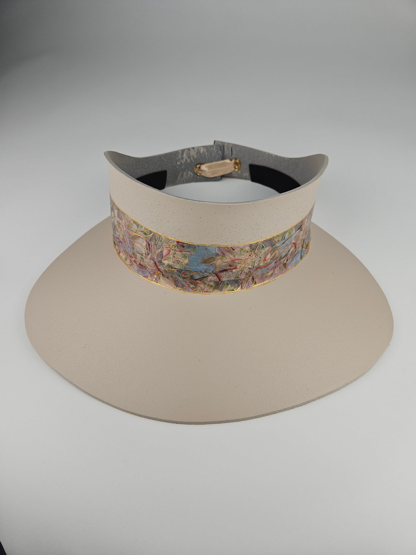 Tall Peachy Beige "LadyEVA" Visor Hat with Multicolor Golden Floral Band