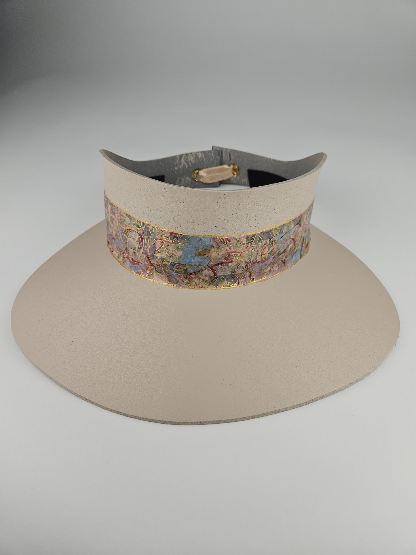 Tall Peachy Beige "LadyEVA" Visor Hat with Multicolor Golden Floral Band