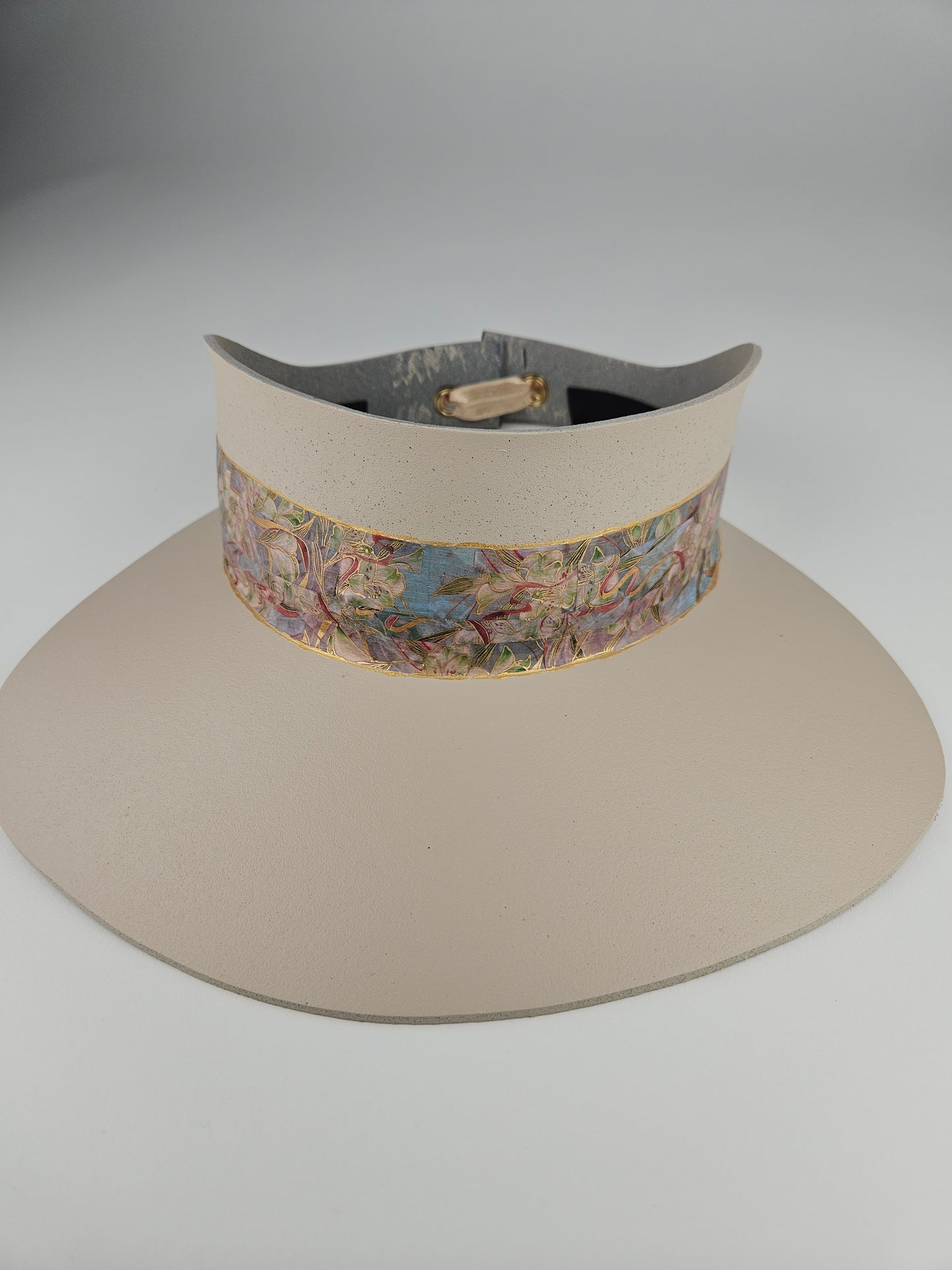 Tall Peachy Beige "LadyEVA" Visor Hat with Multicolor Golden Floral Band