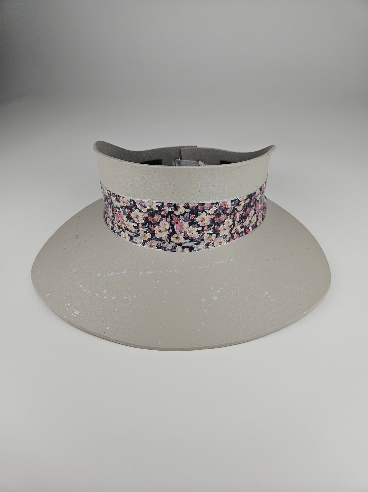 Tall Gray Beige "LadyEVA" Visor Hat with Dark Floral Band and Silver Paint Splatter Effect