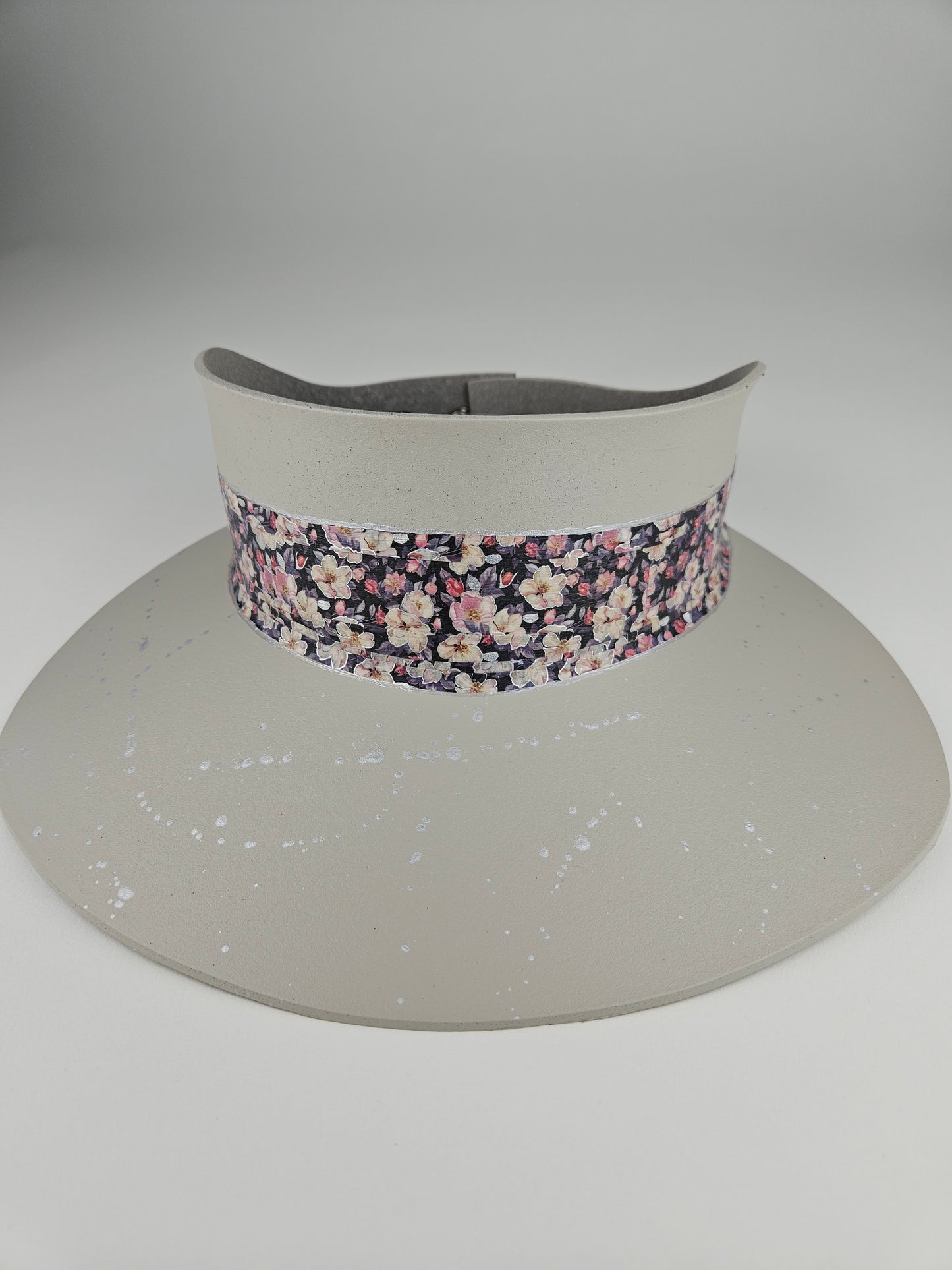 Tall Gray Beige "LadyEVA" Visor Hat with Dark Floral Band and Silver Paint Splatter Effect