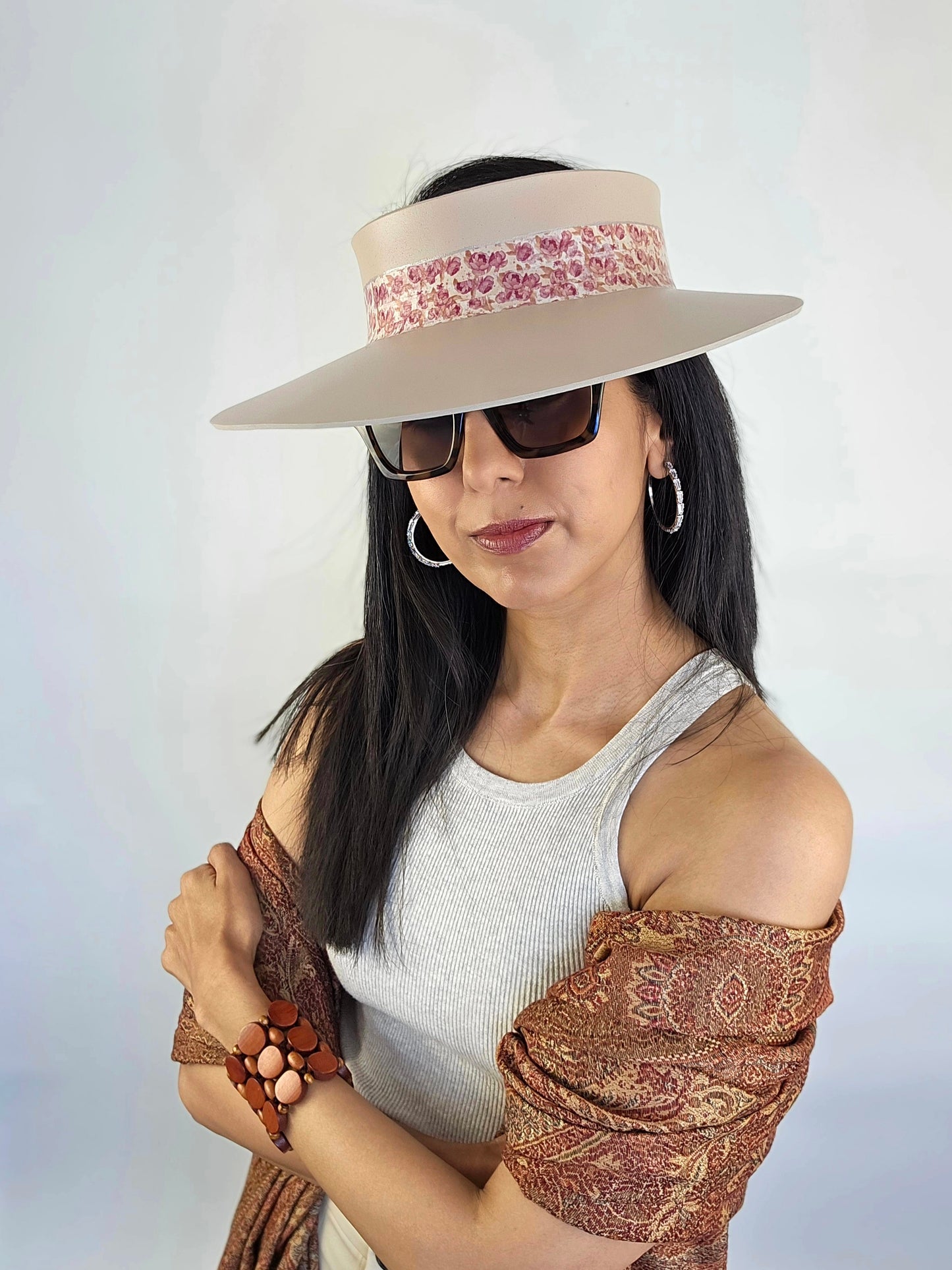 Peach Gray "LadyEVA" Visor Hat with Pink Floral Band