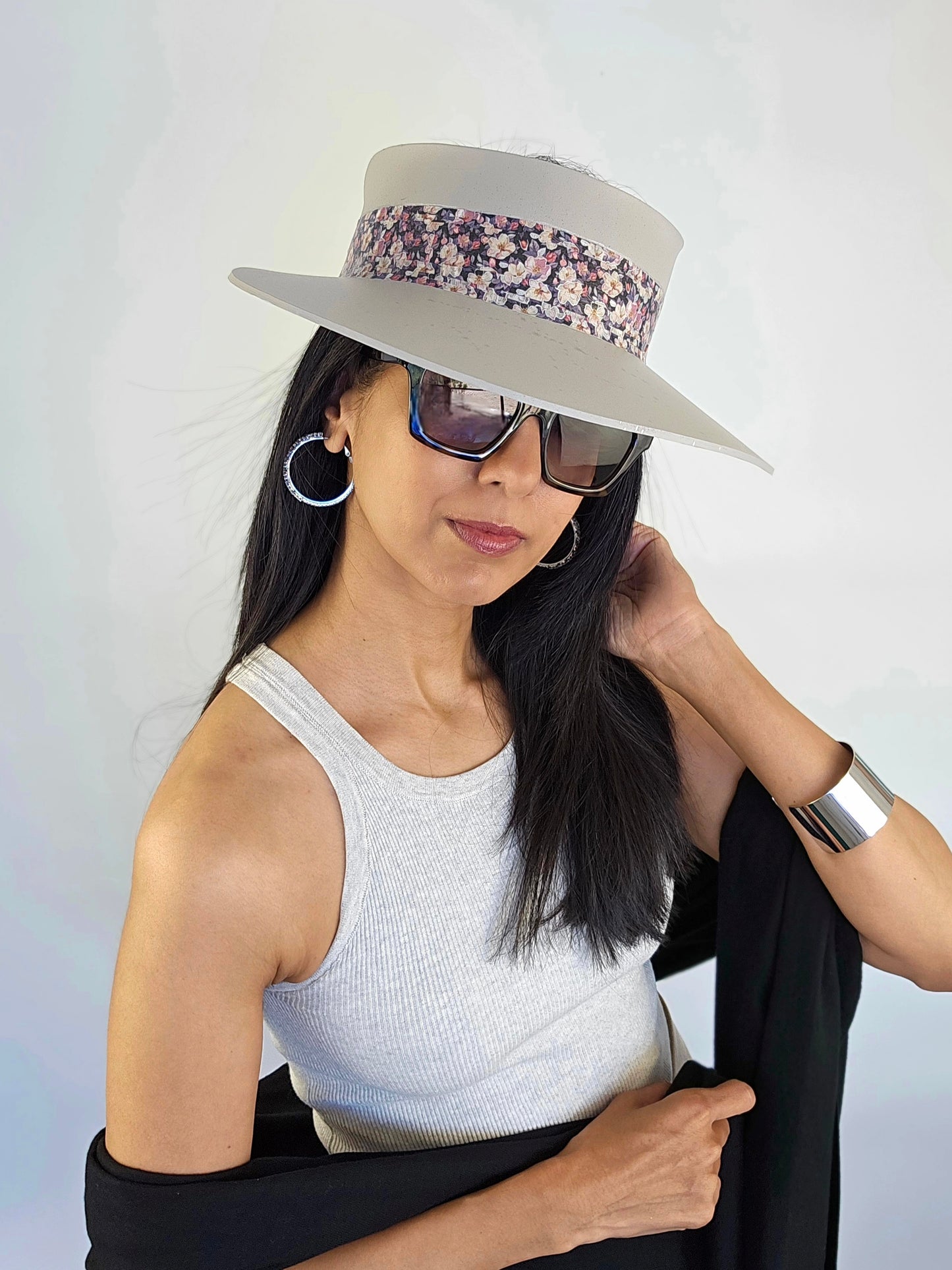 Tall Gray Beige "LadyEVA" Visor Hat with Dark Floral Band and Silver Paint Splatter Effect