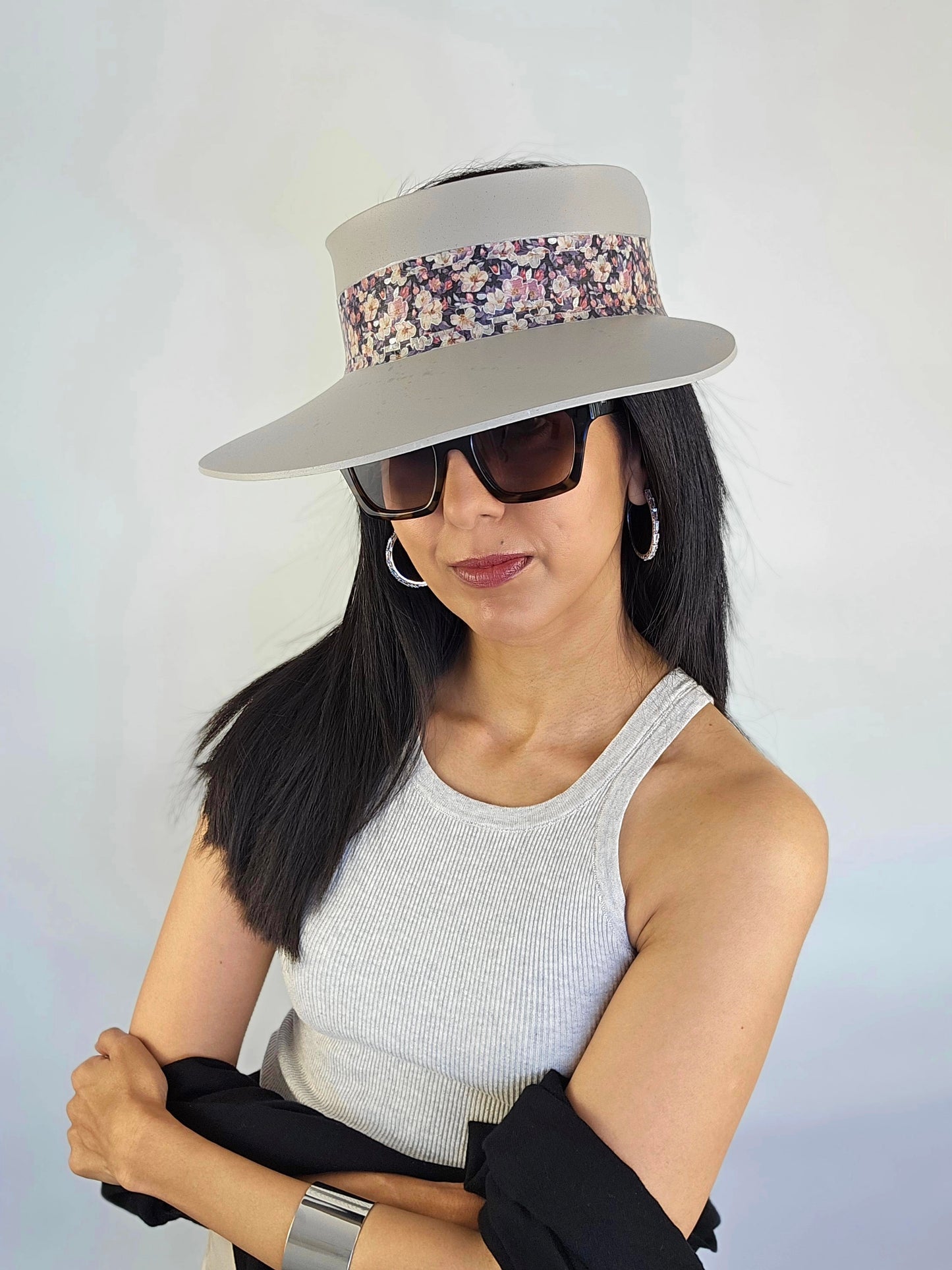 Tall Gray Beige "LadyEVA" Visor Hat with Dark Floral Band and Silver Paint Splatter Effect