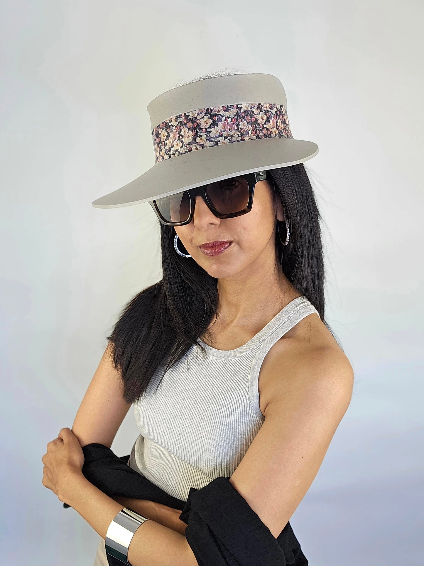 Tall Gray Beige "LadyEVA" Visor Hat with Dark Floral Band and Silver Paint Splatter Effect