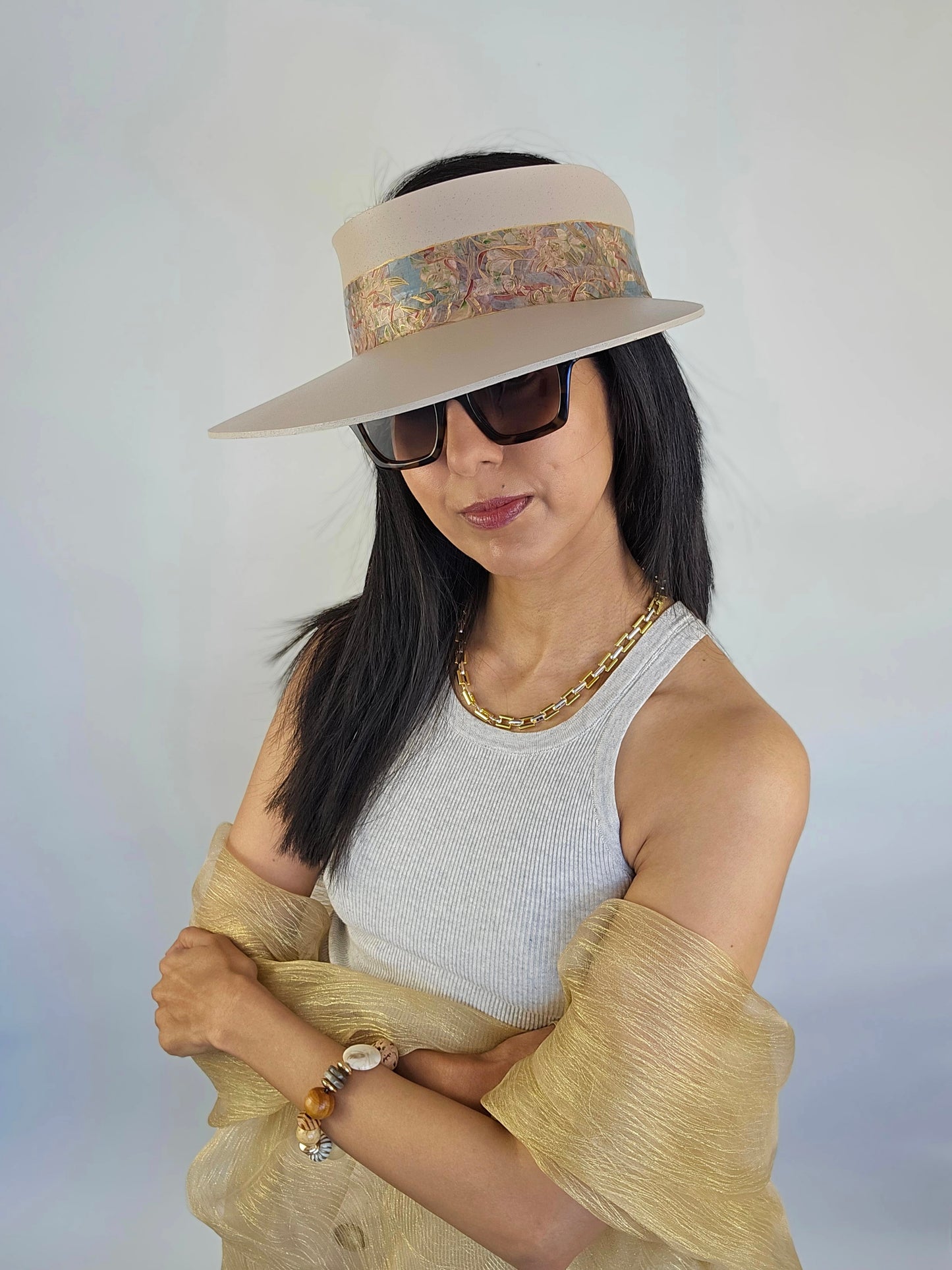 Tall Peachy Beige "LadyEVA" Visor Hat with Multicolor Golden Floral Band