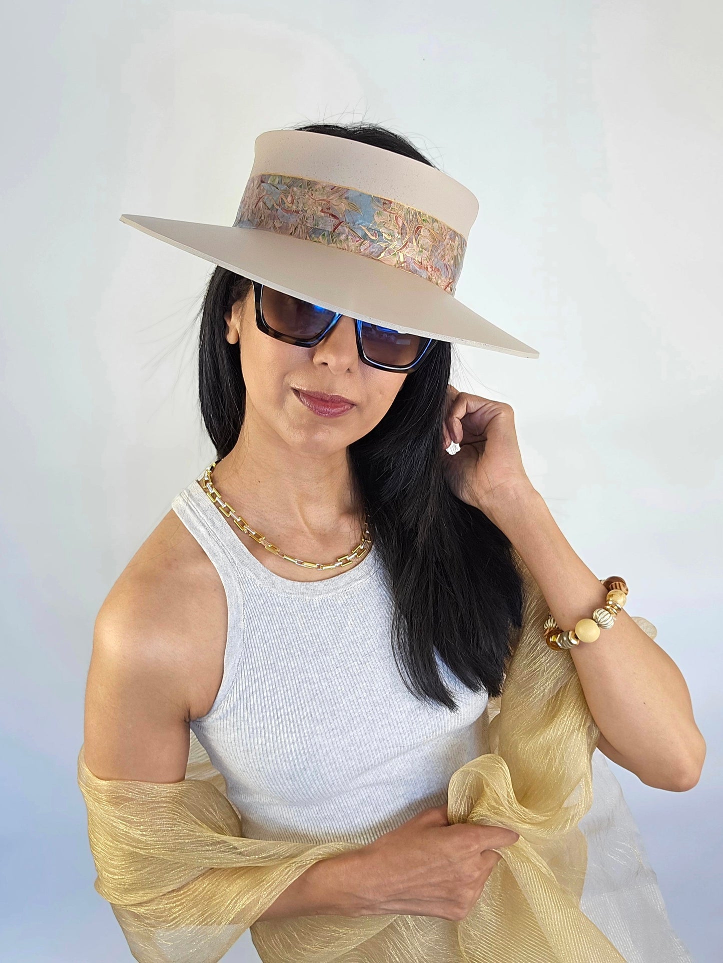 Tall Peachy Beige "LadyEVA" Visor Hat with Multicolor Golden Floral Band