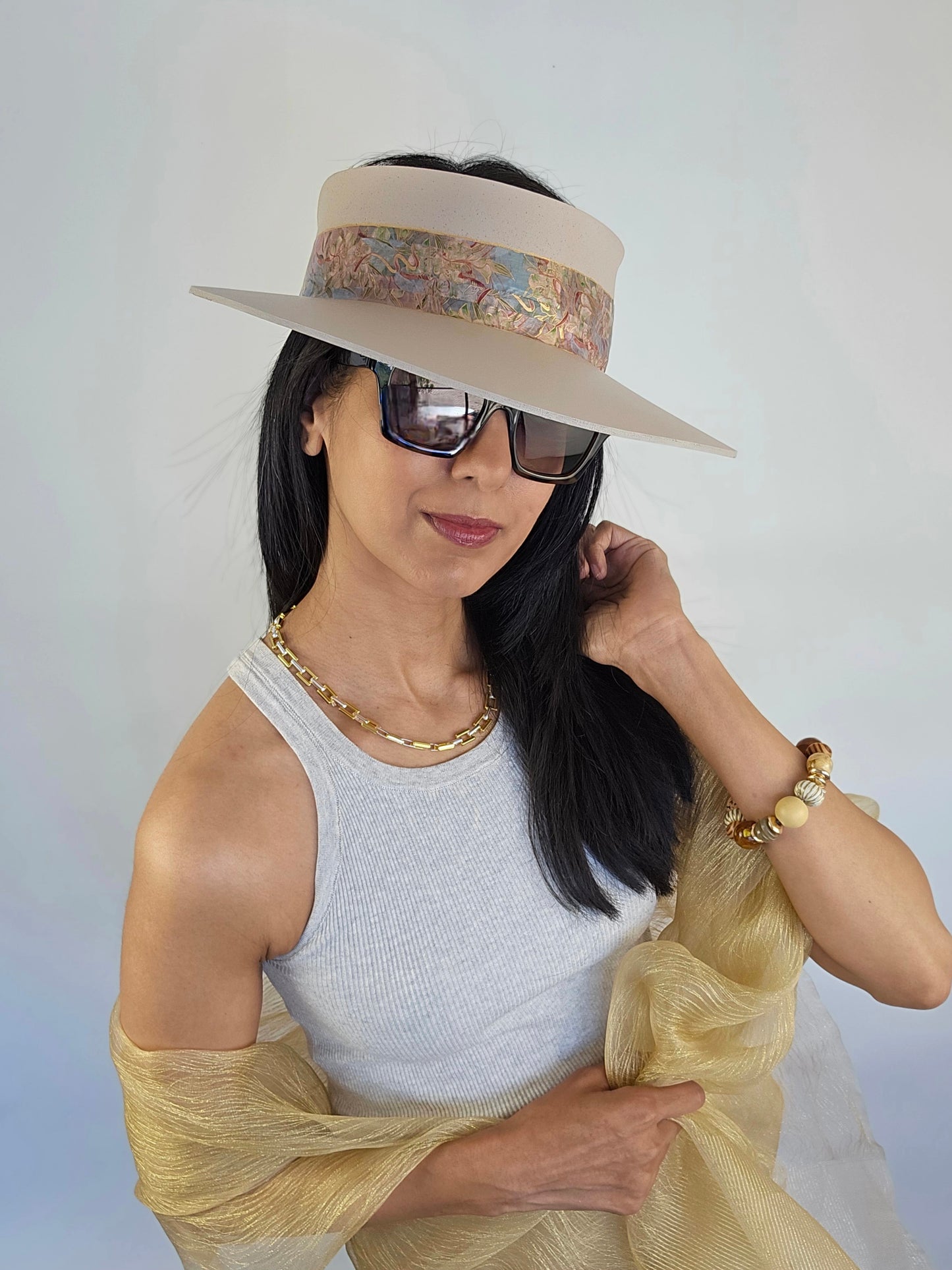 Tall Peachy Beige "LadyEVA" Visor Hat with Multicolor Golden Floral Band