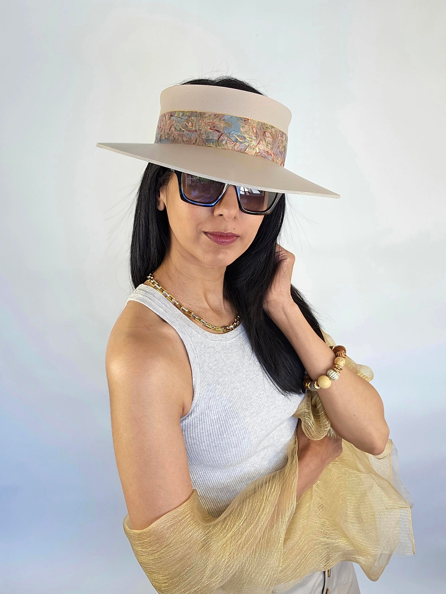 Tall Peachy Beige "LadyEVA" Visor Hat with Multicolor Golden Floral Band