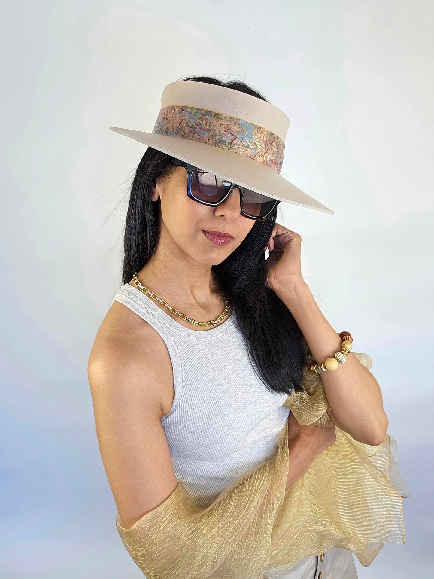 Tall Peachy Beige "LadyEVA" Visor Hat with Multicolor Golden Floral Band