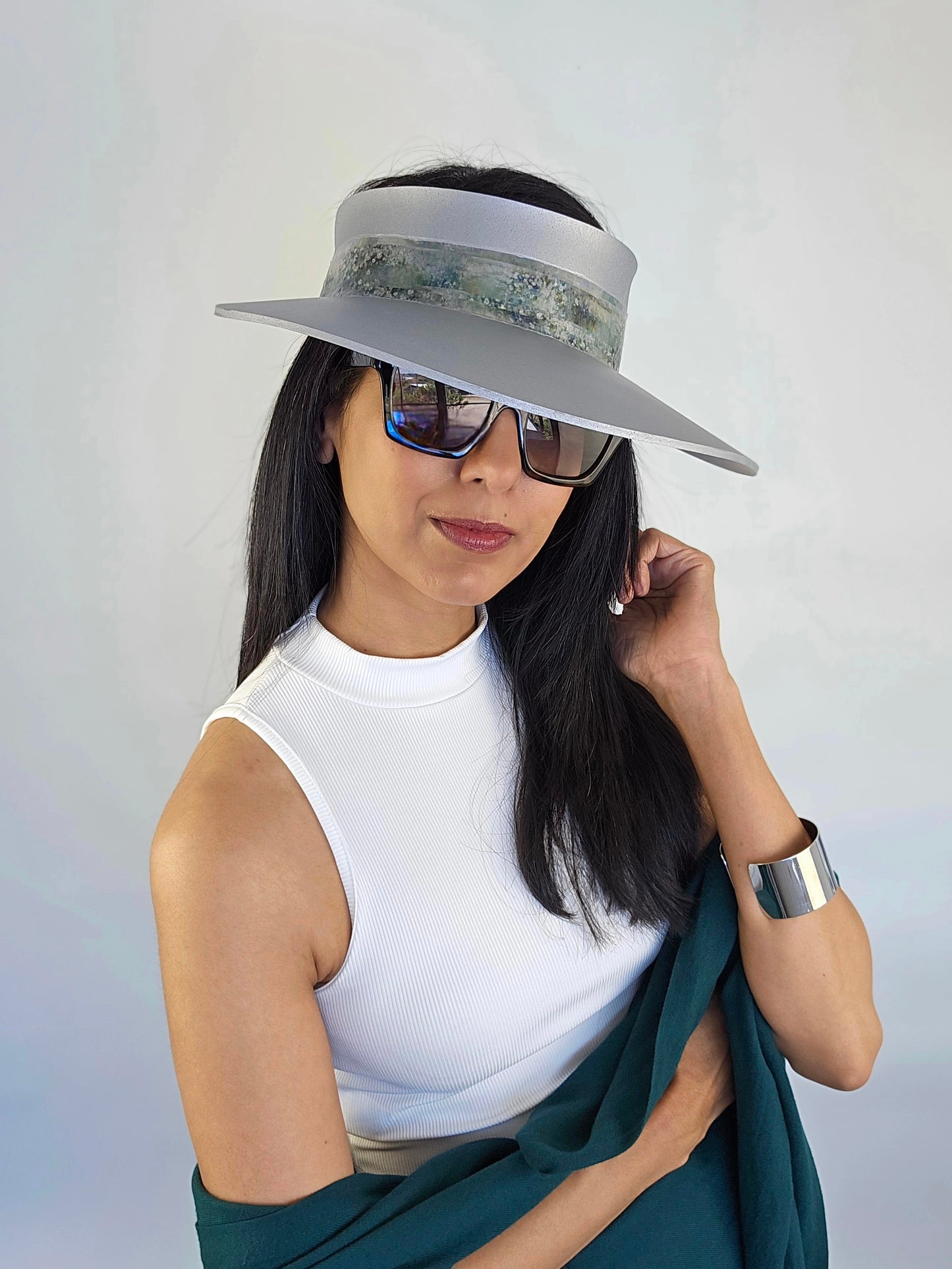 Silver "LadyEVA" Visor Hat with Green Monet Style Band