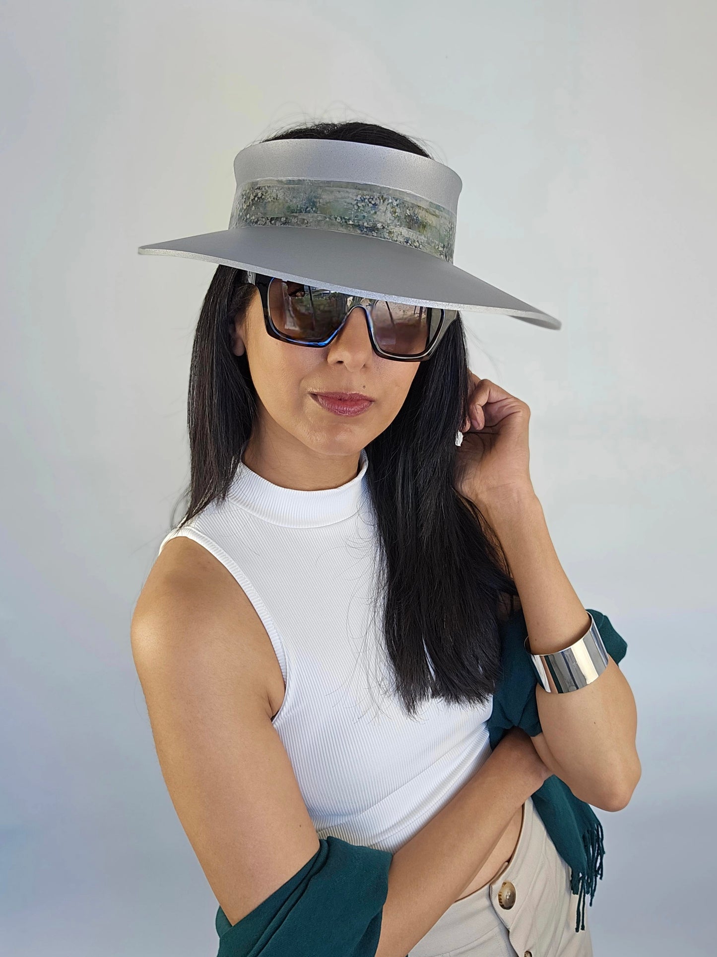 Silver "LadyEVA" Visor Hat with Green Monet Style Band