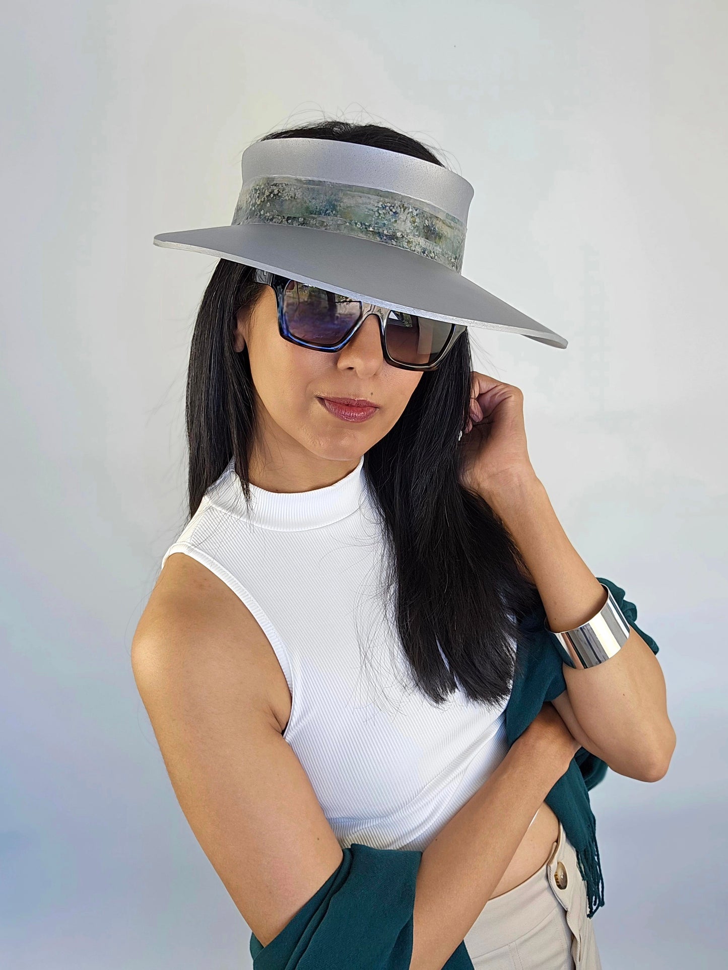 Silver "LadyEVA" Visor Hat with Green Monet Style Band