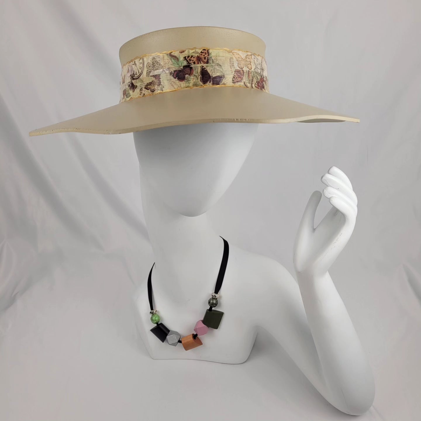 Beige Lotus Visor Hat with Butterfly Band